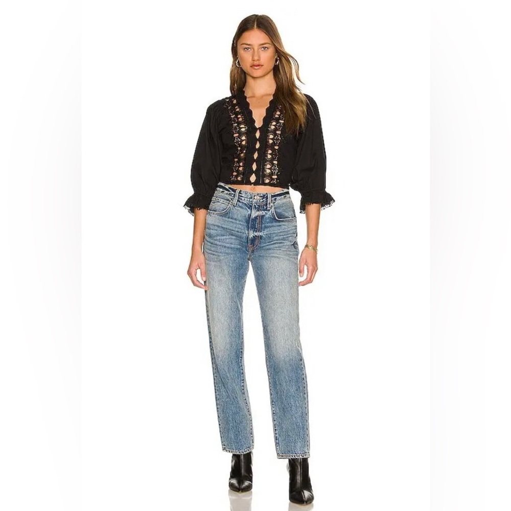 FREE People Louella Embroidered Top XS Lace button up blouse Black NWOT - Picture 4 of 13